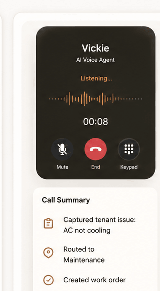 Vickie AI voice agent listening on a live call with a call summary